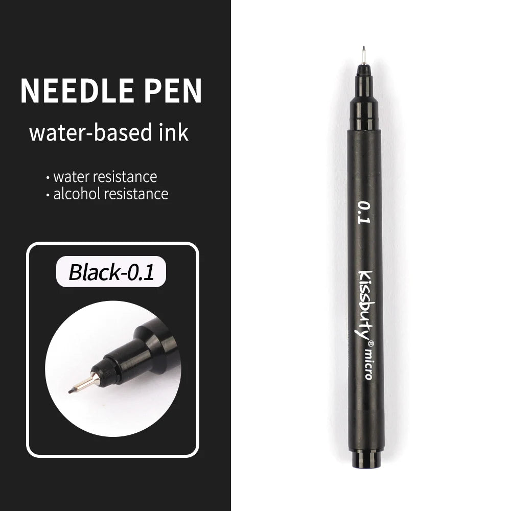 A black needle pen with 0.1mm tip and water-based ink, shown vertically.