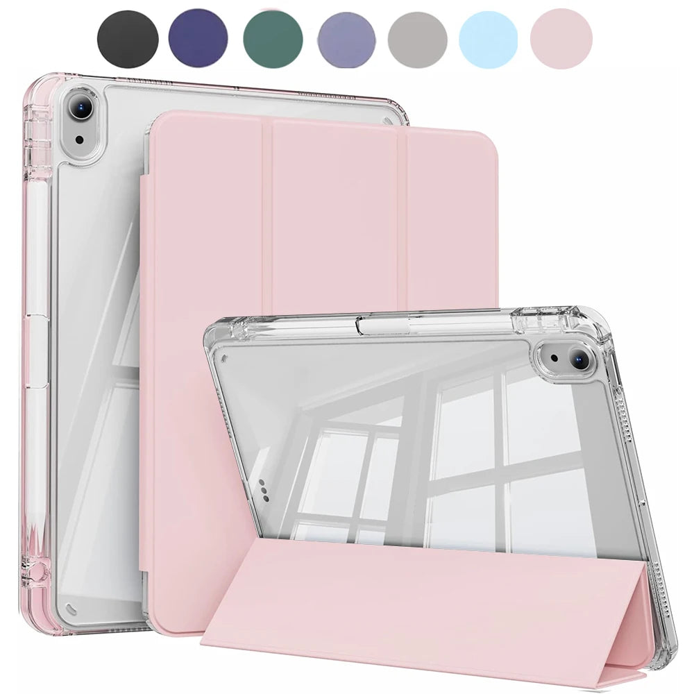 A pink protective case and cover for an Apple iPad, shown with various color options.