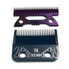 A pair of professional cordless hair clipper guards, one purple and one dark blue.