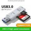 A white USB 3.0 adapter that functions as a 2-in-1 reader for both SD and TF storage cards.