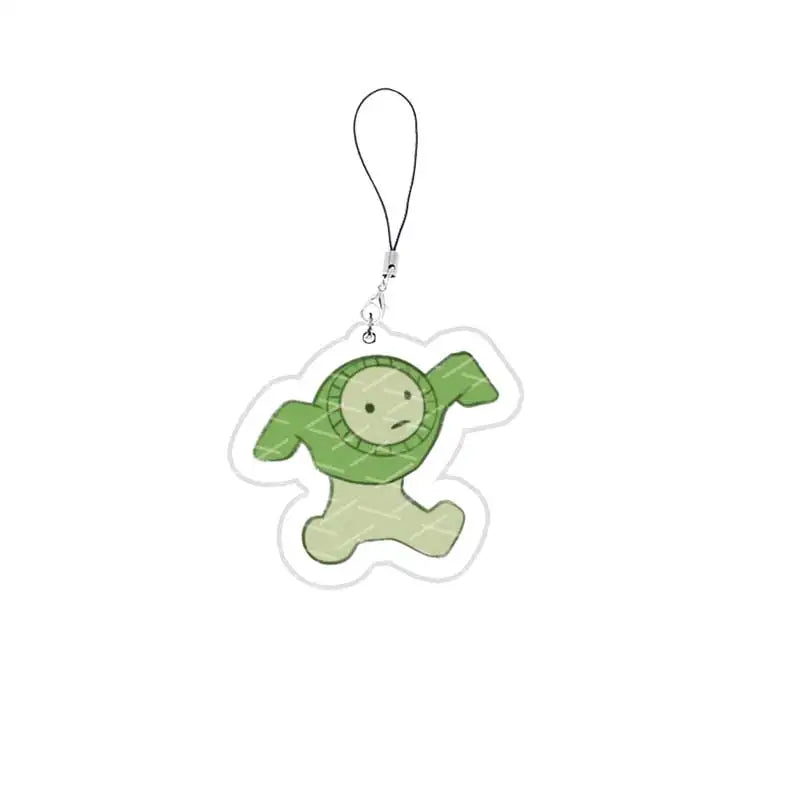 A green, frog-like acrylic charm keychain with a loop for attaching to a phone.