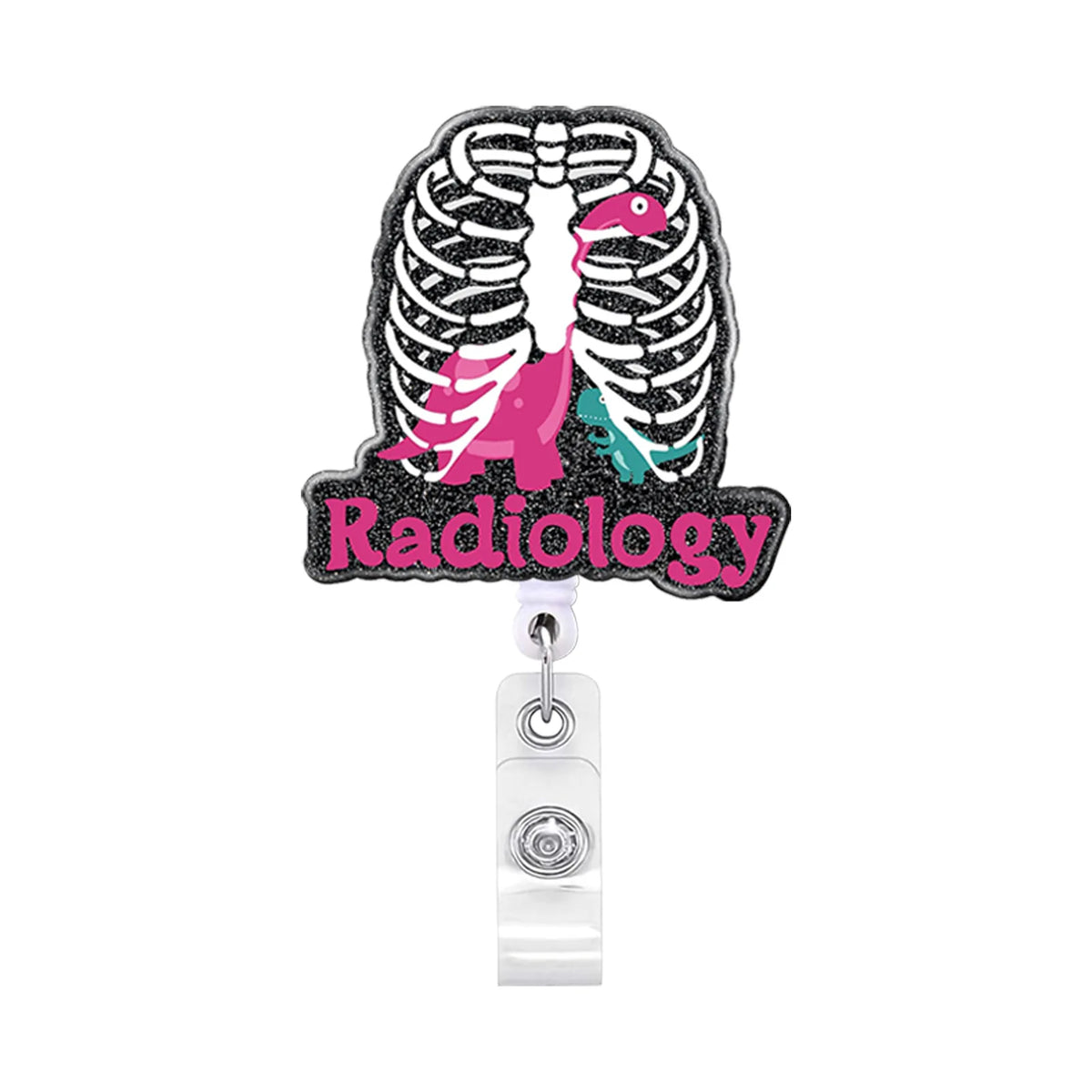 Rosa und grün anatomischer Skelett-Badge-Halter Schlüsselanhänger mit dem Wort Radiologie