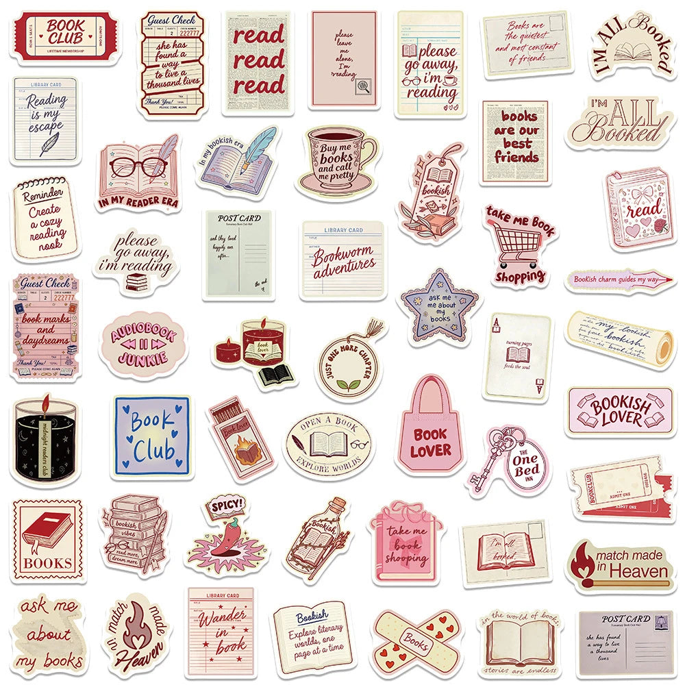 A collection of cartoon bookish aesthetic graffiti stickers featuring various reading and book-related phrases.