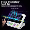A white stream deck controller with a transparent touch bar displaying dynamic icons and a hand interacting with the device.