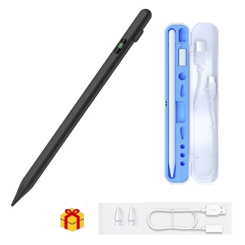 A black universal stylus pen shown next to its packaging and charging cable.