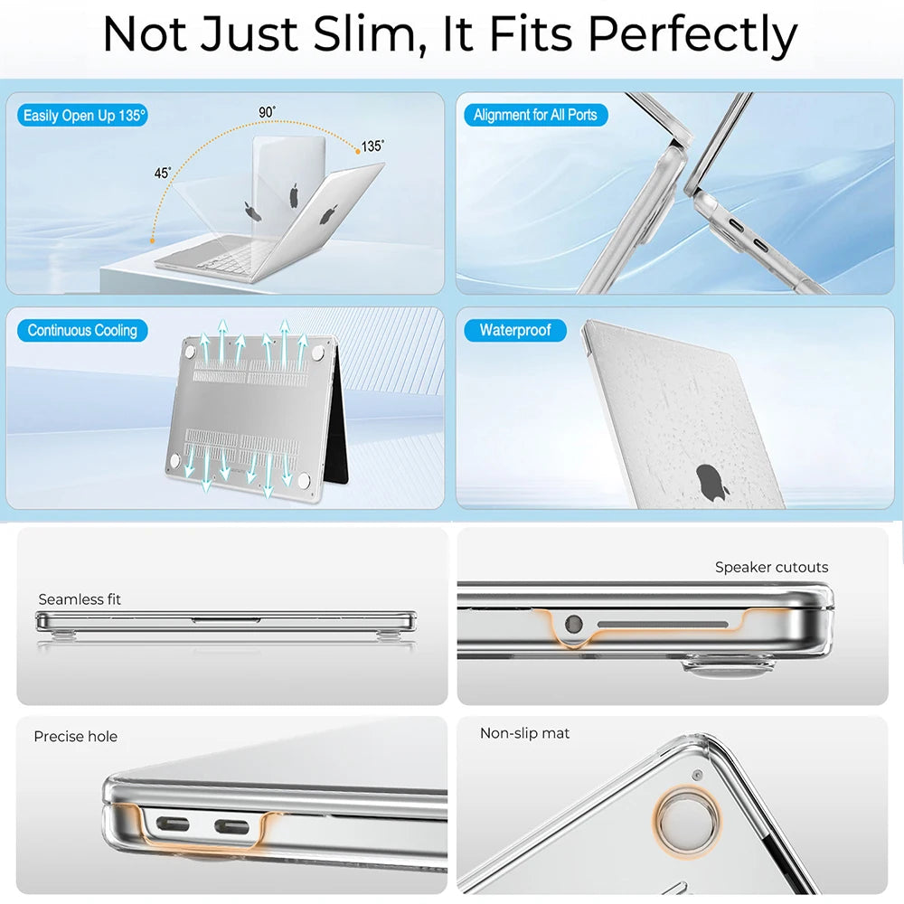 A durable hard shell cover for a MacBook Pro shown in various angles demonstrating fit, cooling, and waterproof features.