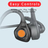 A close-up view of a black open-ear Bluetooth headset showing an orange button for easy controls.