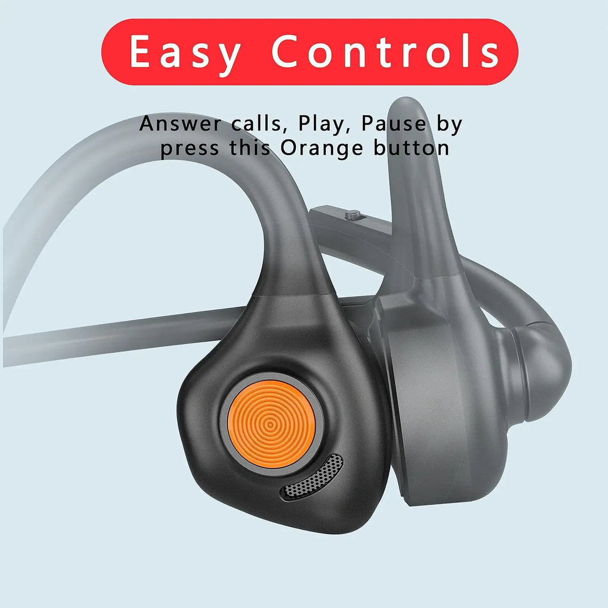 A close-up view of a black open-ear Bluetooth headset showing an orange button for easy controls.