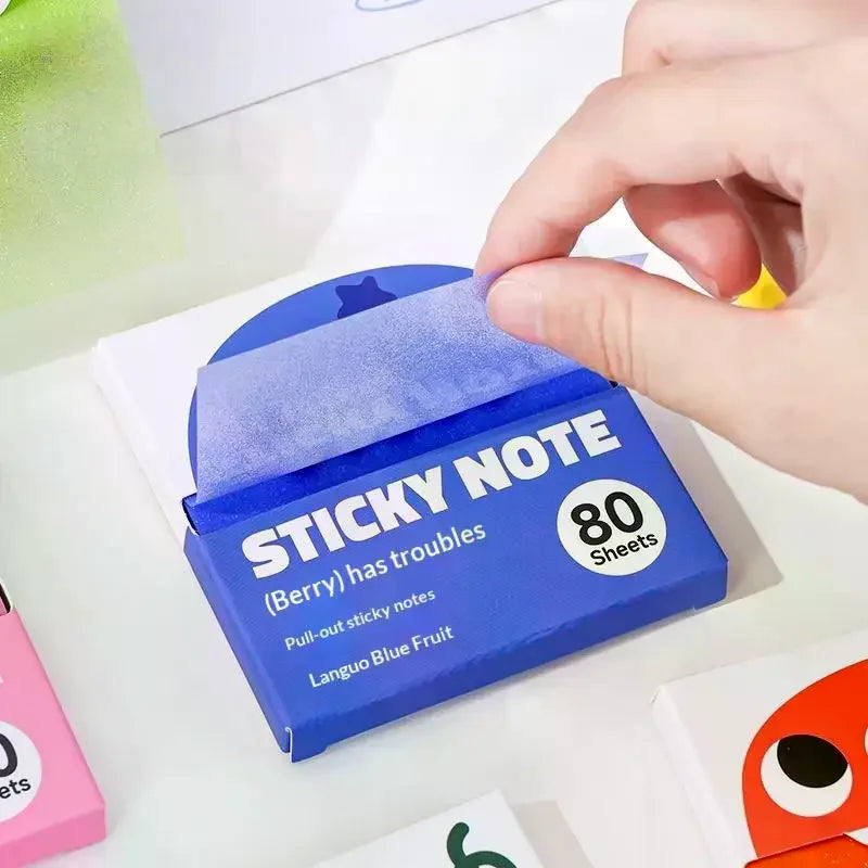Eine Hand hält eine blaue Box mit Post-its, beschriftet: 'Berry hat Probleme mit 80 Blättern.'