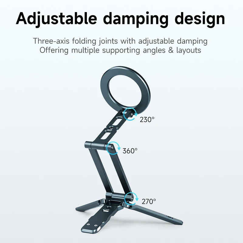 Adjustable damping design tripod stand with three-axis folding joints showing various angles.