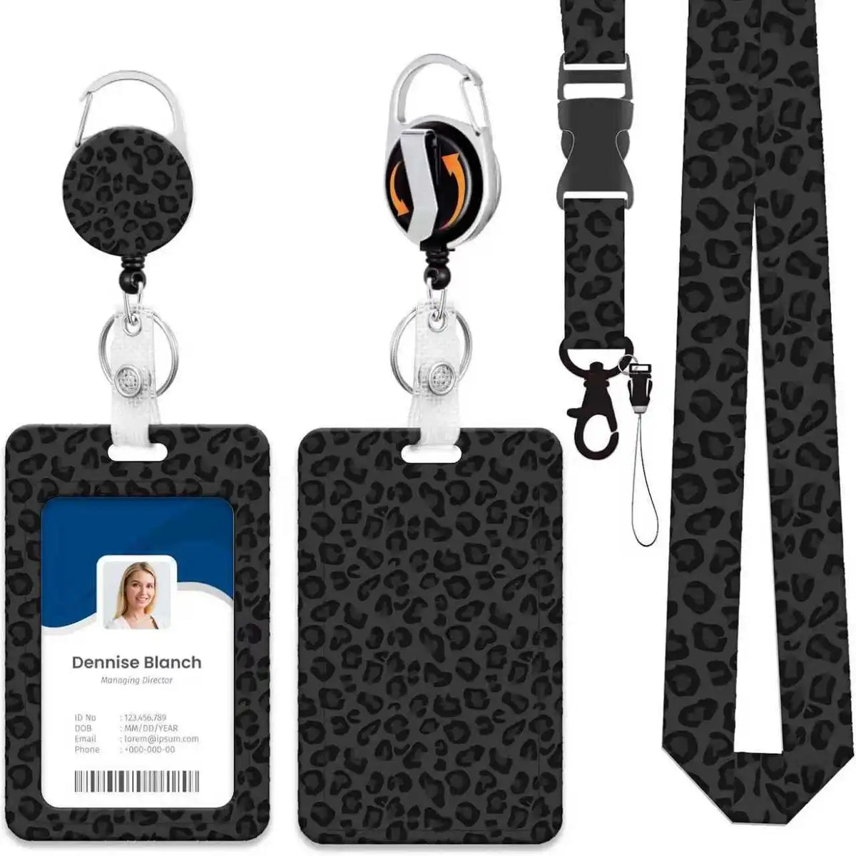 A black leopard print retractable ID badge holder with a silver clip and a clear plastic badge insert.