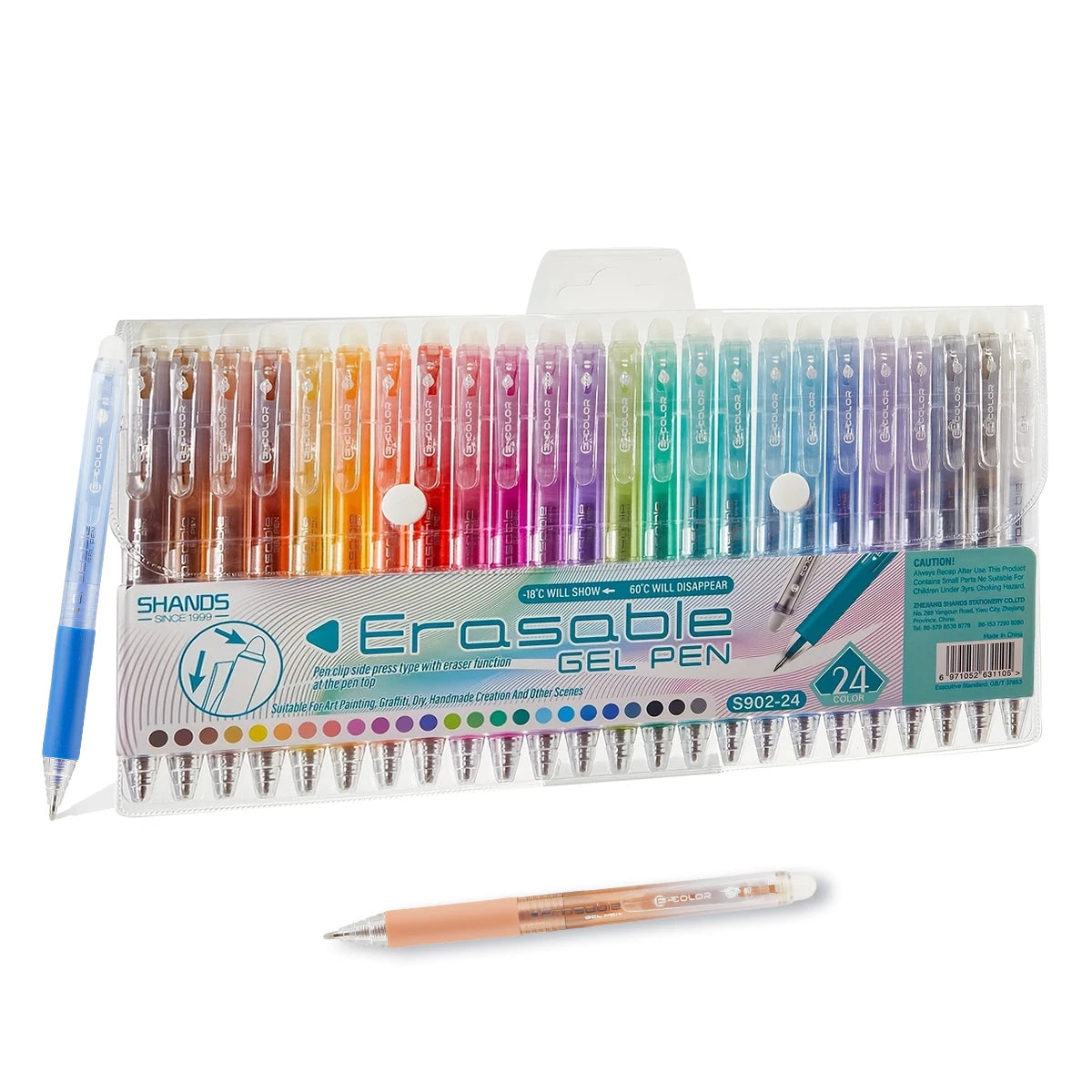 A clear plastic case containing a set of multicolor erasable gel pens and an extra pen.