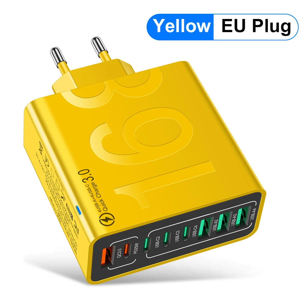 A yellow EU plug charging adapter with multiple USB ports is shown on a white background.