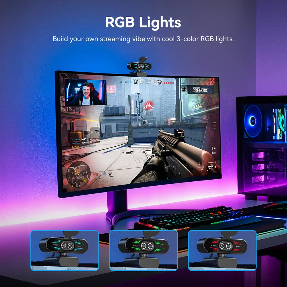 شاشة كمبيوتر تعرض مشهد لعبة، محاطة بأضواء RGB وشريط إضاءة RGB.