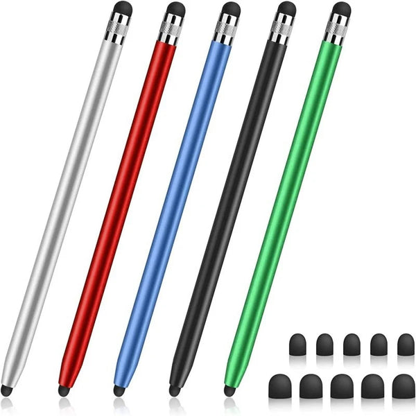 A set of four double-ended styluses in silver, red, blue, and green for tablets and smartphones.