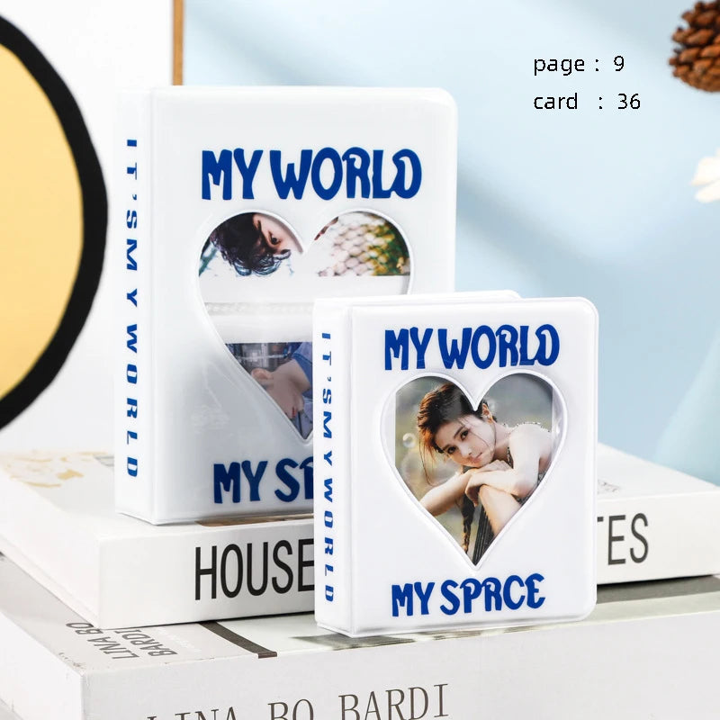 A white photo card binder featuring cards titled My World, My Story, and My Space.