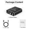 Divisor Ethernet negro con 1 separador Ethernet, 1 cable USB-C y 1 manual de usuario.