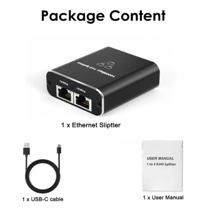 Divisor Ethernet negro con 1 separador Ethernet, 1 cable USB-C y 1 manual de usuario.