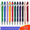 A row of colorful metal 2-in-1 stylus writing ballpoint pens in various shades including green, blue, purple, orange, and pin