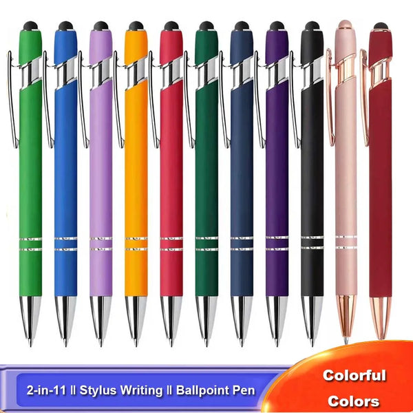 A row of colorful metal 2-in-1 stylus writing ballpoint pens in various shades including green, blue, purple, orange, and pin