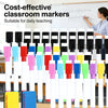 A set of eight color dry erase markers with magnetic erasers lined up on a desk.