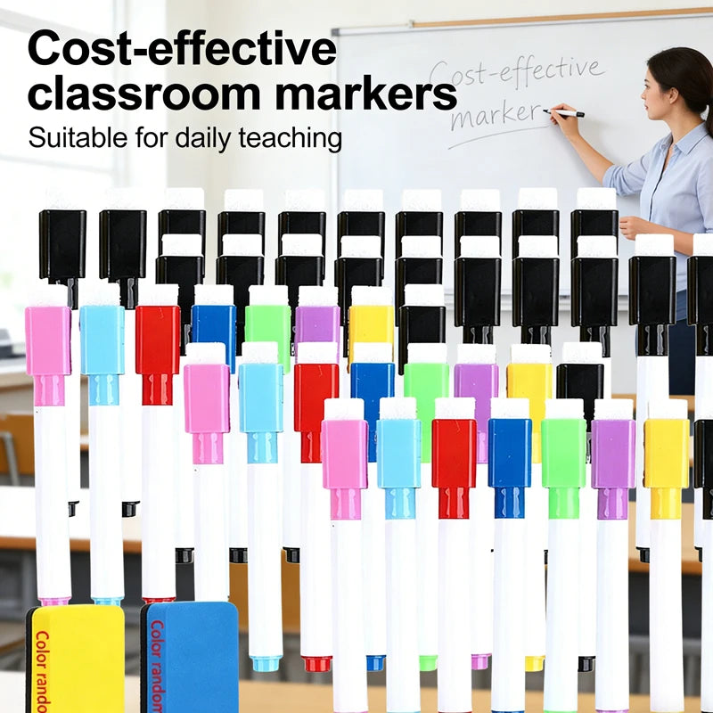 A set of eight color dry erase markers with magnetic erasers lined up on a desk.