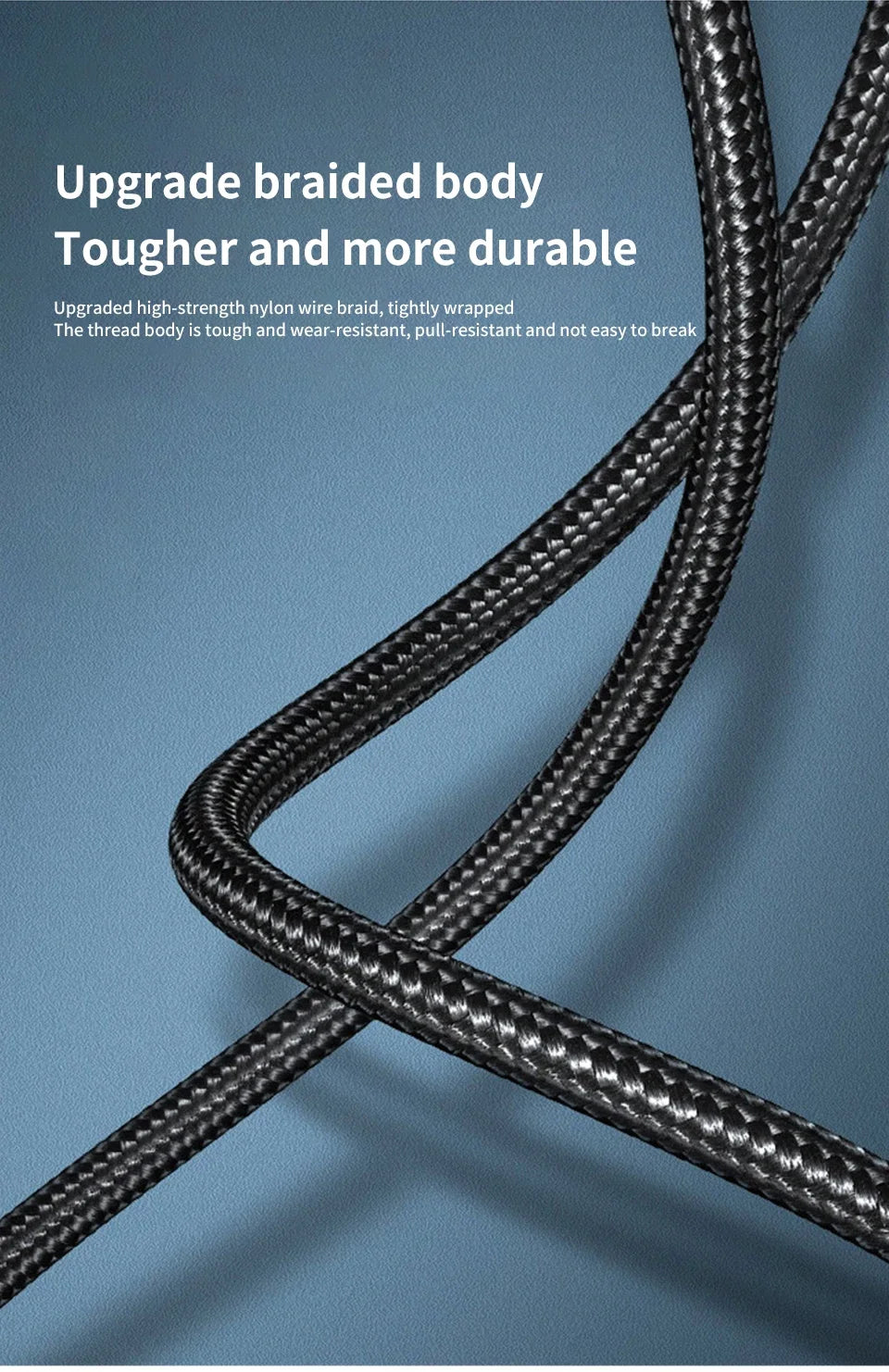 Close-up of a black braided printer cable showing its durable texture and twisted design.