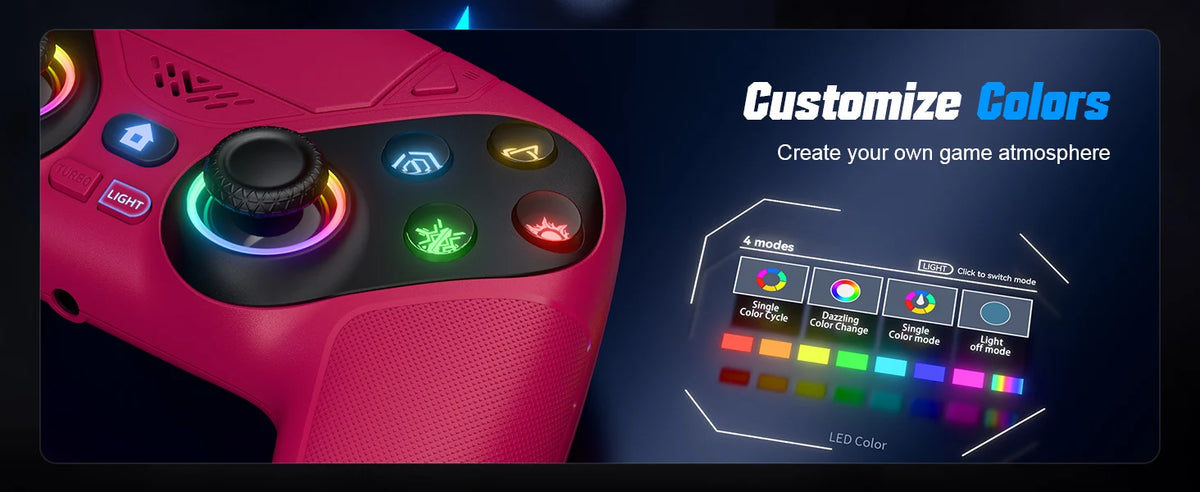 A pink RGB wireless gaming controller is shown with customization options for colors and light modes.