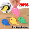 A set of 20 plastic package openers and cutting tools in various colors including yellow, black, pink, blue, and green.