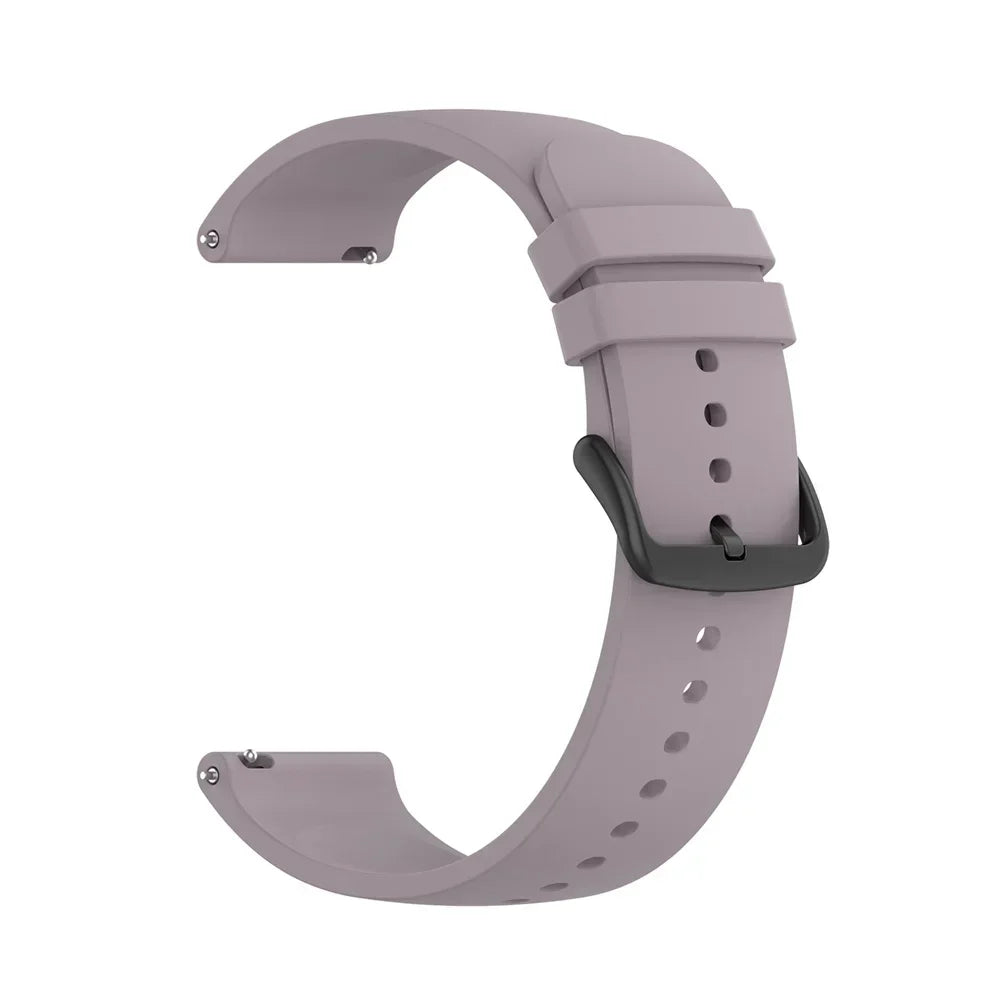 A purple silicone watch band for a smartwatch, shown in a curved shape.