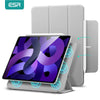 A silver magnetic folio case for an iPad Pro or Air, shown with a stylus and a tablet.