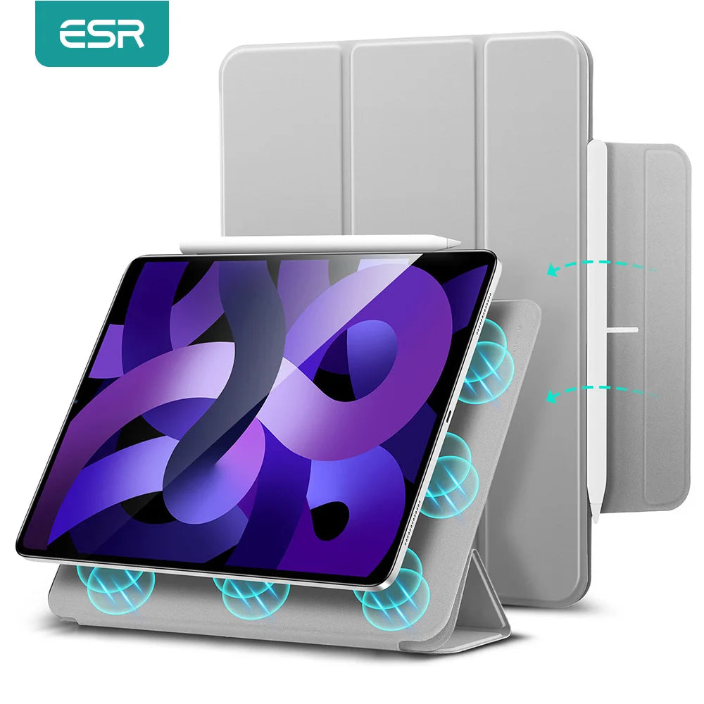 A silver magnetic folio case for an iPad Pro or Air, shown with a stylus and a tablet.
