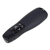 A black wireless presentation pen with a remote control is shown from above.