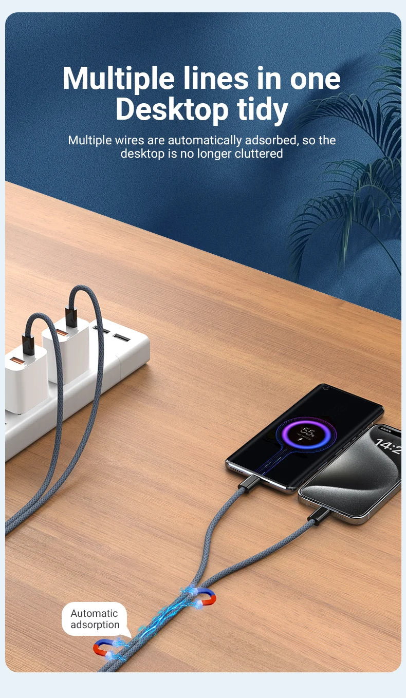 A close-up of a blue charging cable with magnetic suction ends, shown next to a smartphone and a white charging block on a wo