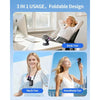 A collage showing a foldable fan used as a desk fan, neck fan, and handheld fan.