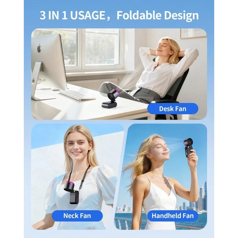 A collage showing a foldable fan used as a desk fan, neck fan, and handheld fan.