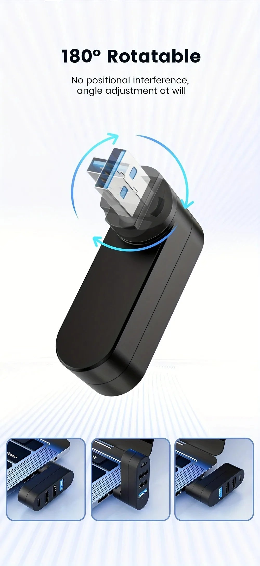 A black USB hub with an 180° rotatable connector is shown alongside various angles of its use.
