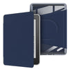 A dark blue magnetic detachable protective case for a Kindle device shown in a closed and open view.