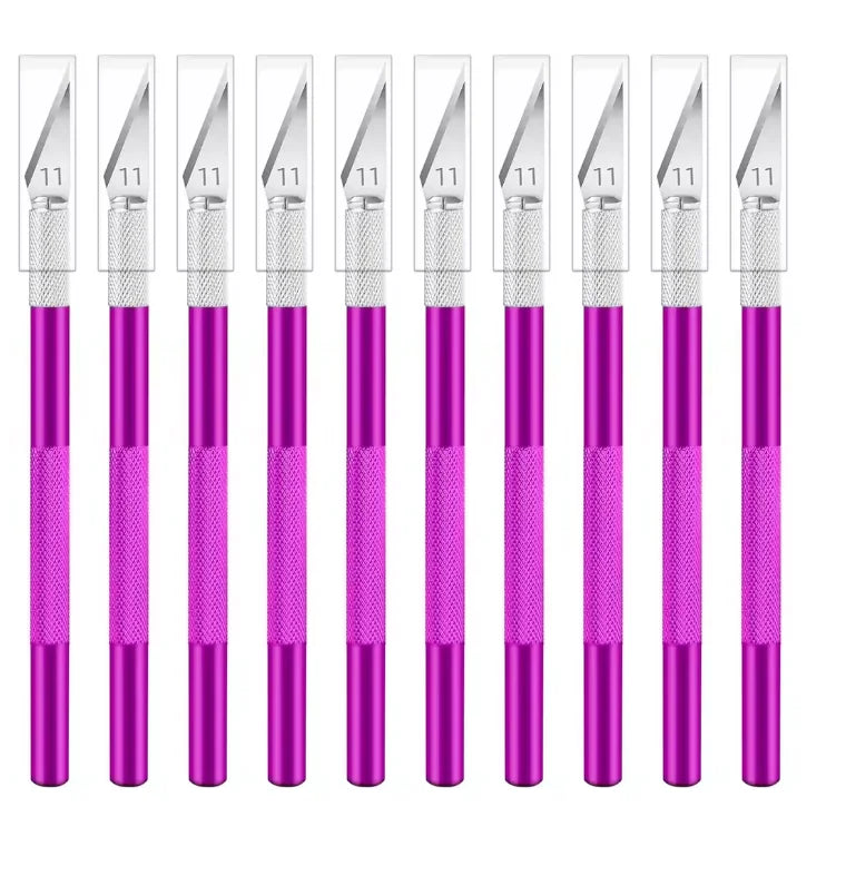 A set of ten colorful precision craft knives with silver blades and purple handles.