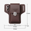 A brown leather waist bag with a flap closure and a metal clasp, shown with dimensions.