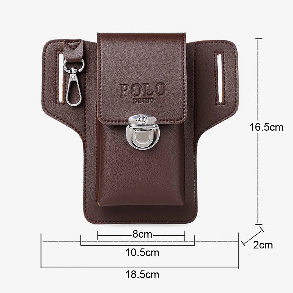 A brown leather waist bag with a flap closure and a metal clasp, shown with dimensions.