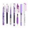 A set of five purple and clear precision rollerball gel pens standing upright in a row.