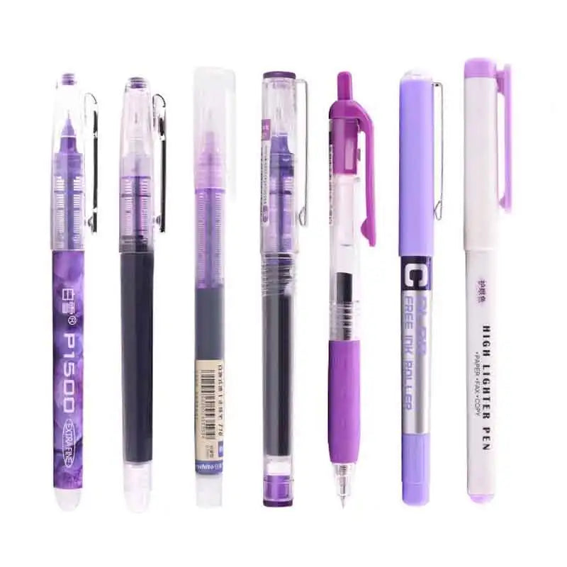 A set of five purple and clear precision rollerball gel pens standing upright in a row.