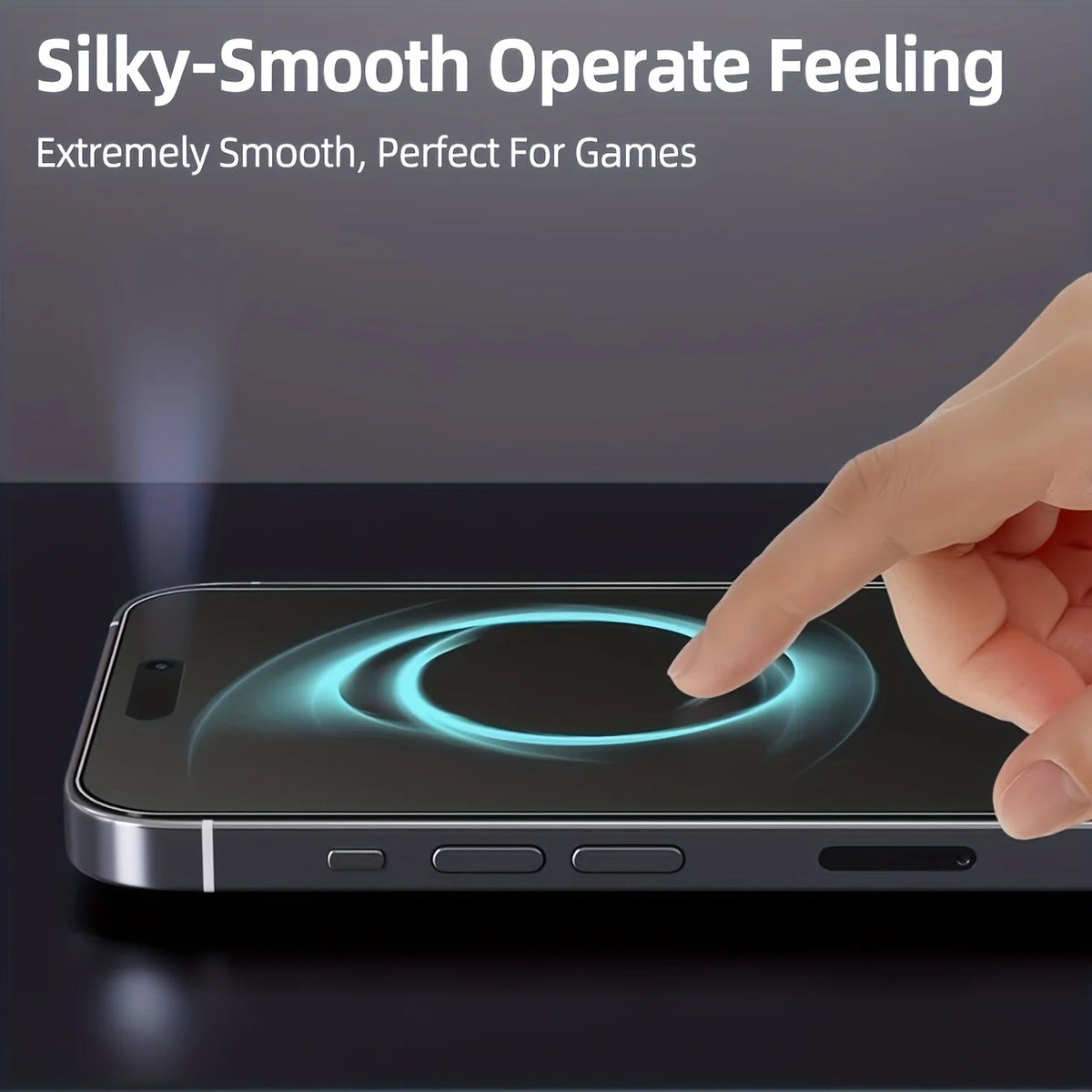 A hand touches a smartphone displaying a silky-smooth, glowing interface, demonstrating a screen protector.