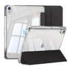 Klares Acryl-Schutzetui für ein iPad mit schwarzem Cover und Stand.