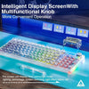 Transparent mechanical keyboard with RGB switches and a multifunctional knob displayed on a laptop.
