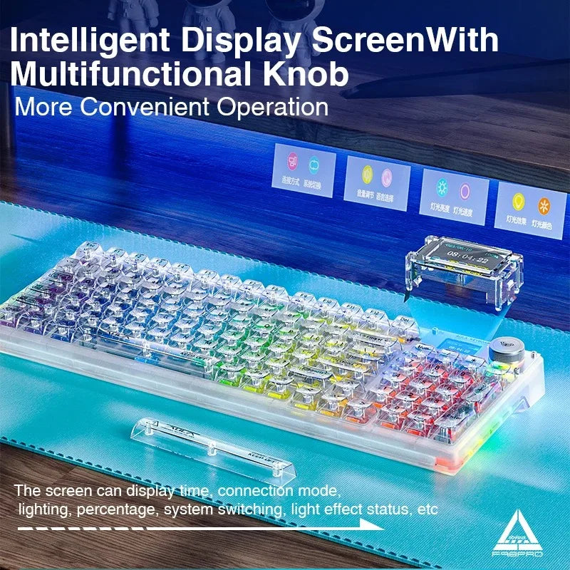 Transparent mechanical keyboard with RGB switches and a multifunctional knob displayed on a laptop.