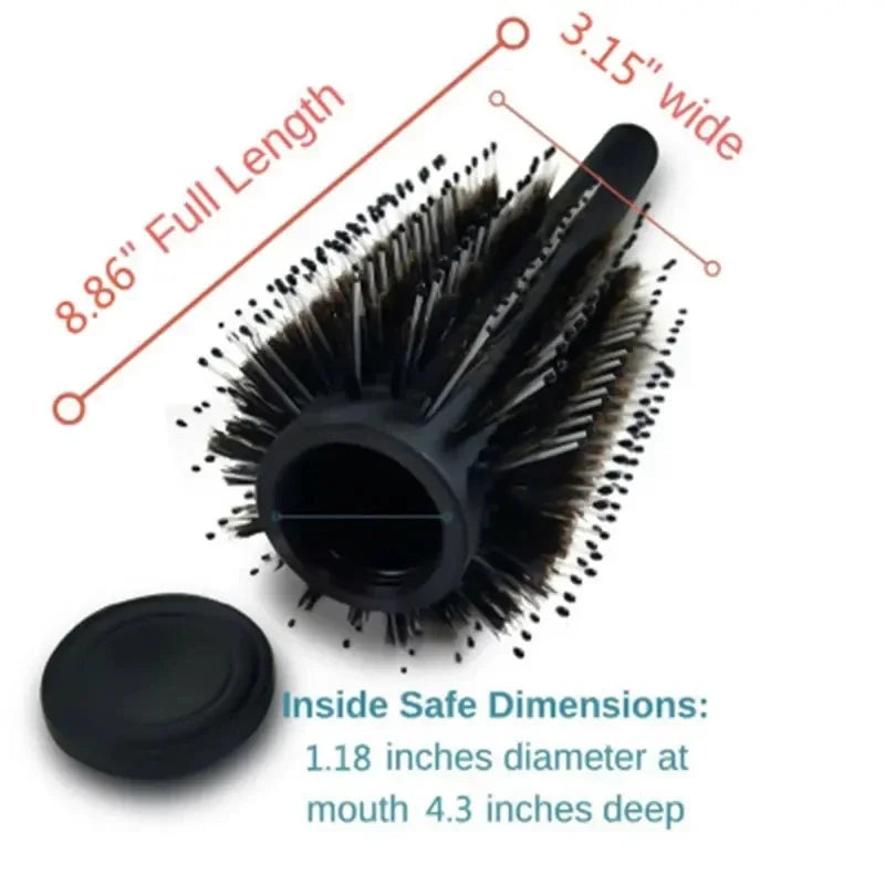 A black hair brush with a wide head and a hidden compartment, showing its dimensions.