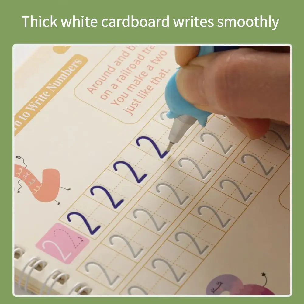 A hand writes smoothly on a white cardboard practice book with numbers and letters.