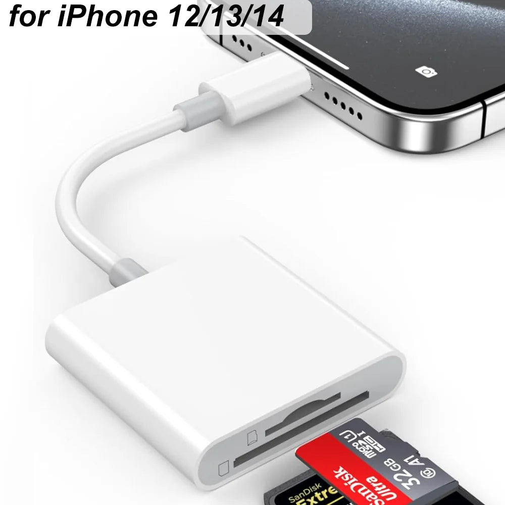 Adaptador blanco para iPhone 12/13/14, usado para leer tarjetas SD.